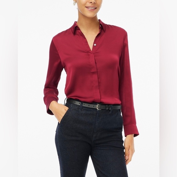 NEW J. Crew Factory Drapey Satin Button-Up Top in Vintage Burgundy, Size XL - Picture 1 of 12